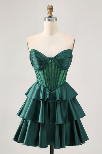 Dark Green A Line Beaded Strapless Corset Homecoming Dress